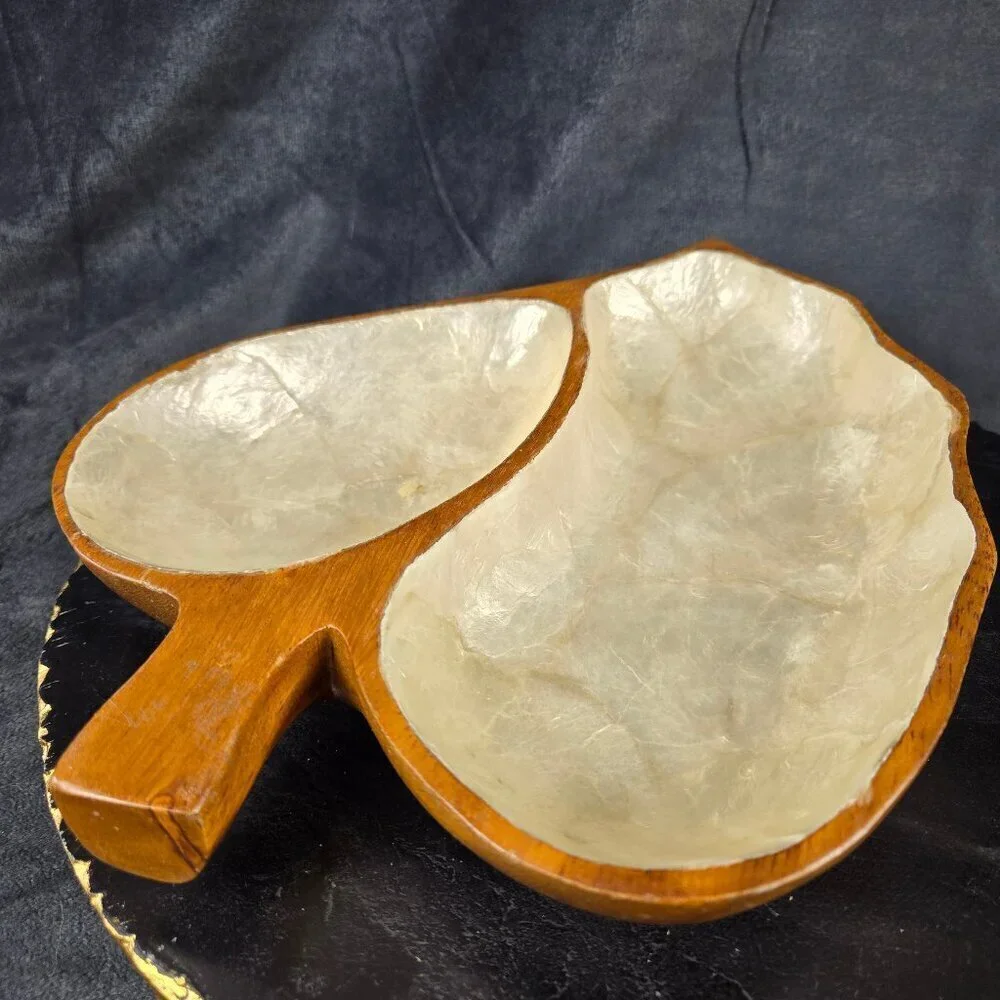 Vintage Two Section Leaf Dish Monkey Pod Wood with White Capiz Shell Inlay